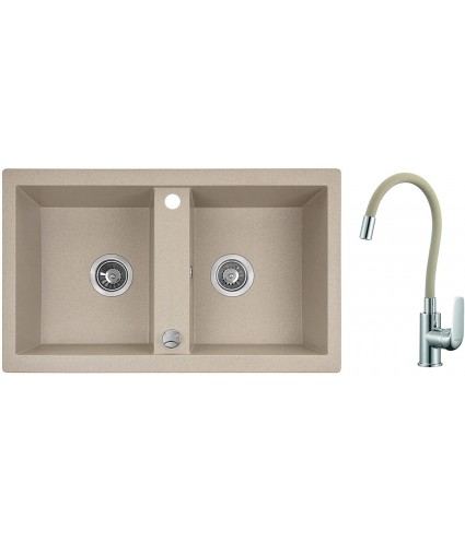 SET Küchenarmatur & Granitspüle 2-Becken BARBADOS Beige 48x78 | inkl. Siphon!