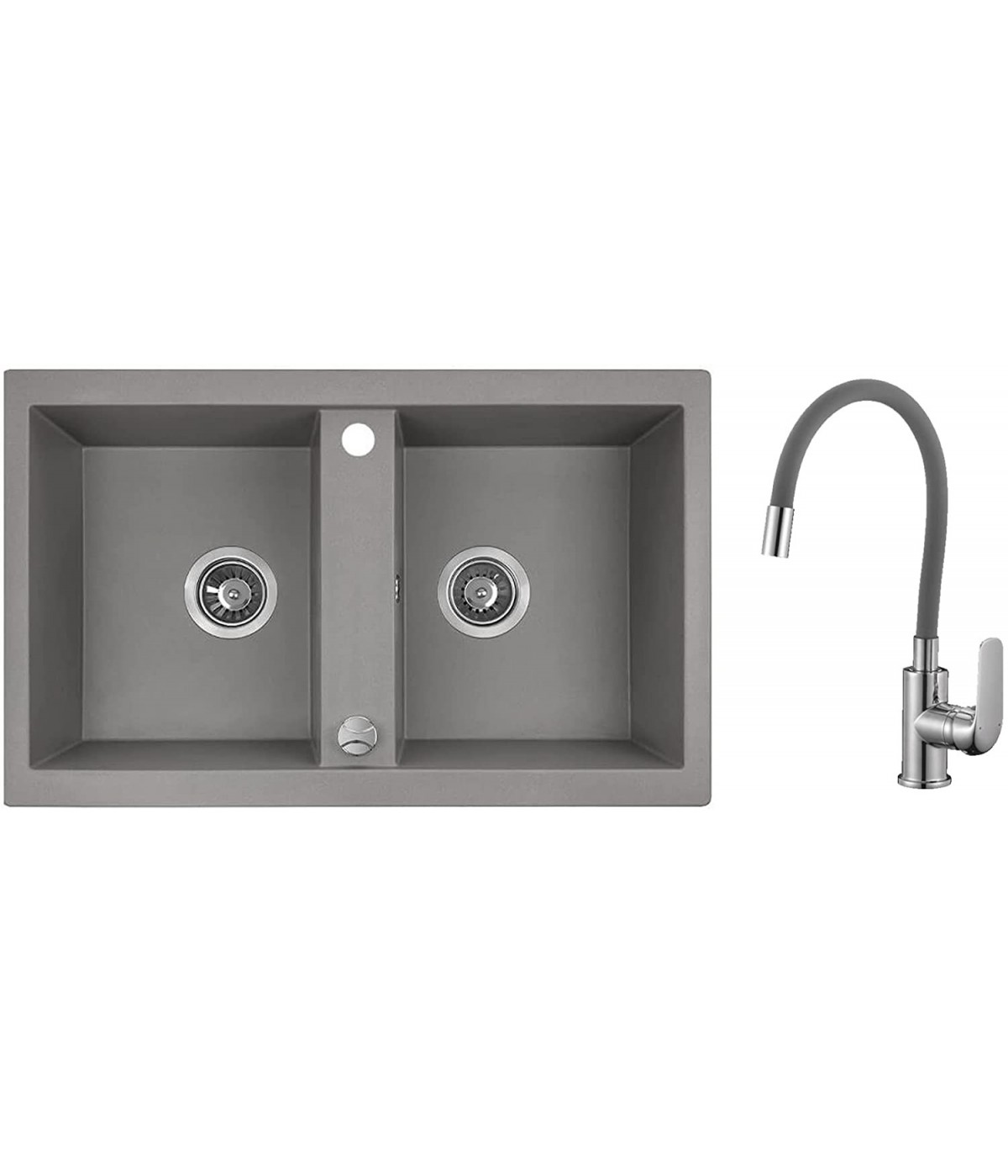 SET Küchenarmatur & Granitspüle 2-Becken BARBADOS Grau 48x78 | inkl. Siphon!