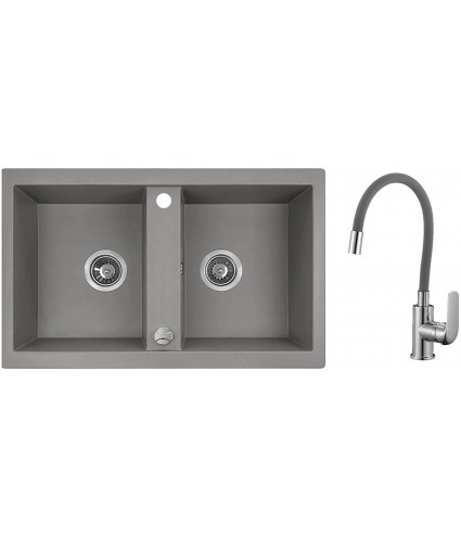 SET Küchenarmatur & Granitspüle 2-Becken BARBADOS Grau 48x78 | inkl. Siphon!