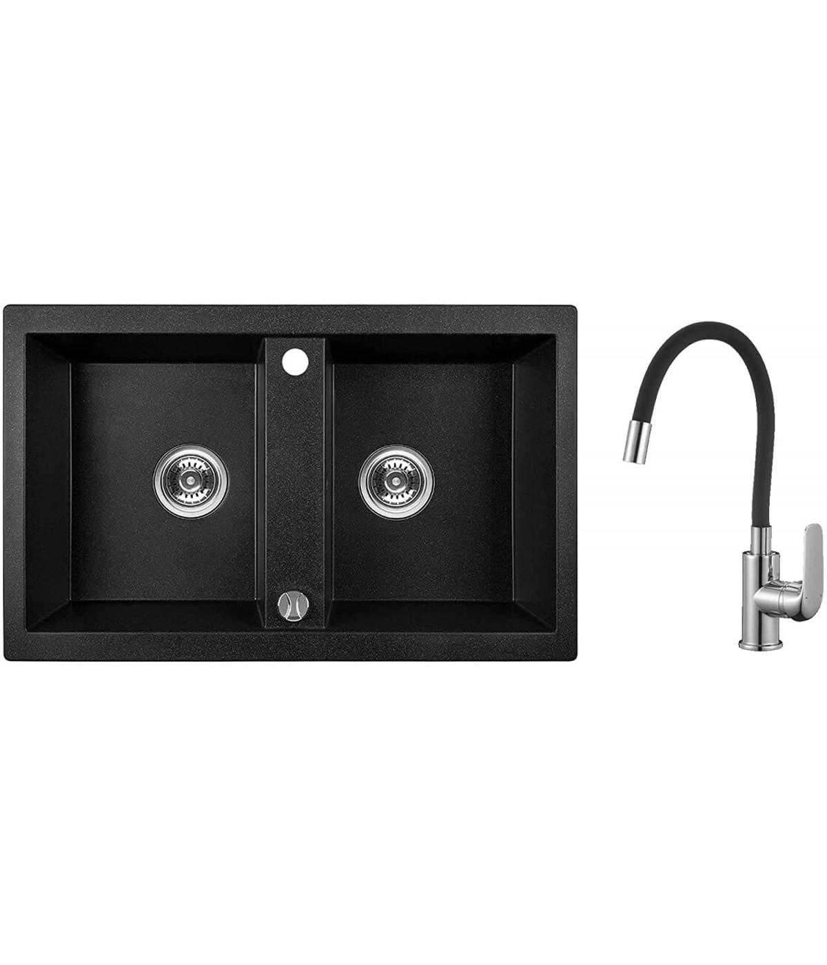 SET Küchenarmatur & Granitspüle 2-Becken BARBADOS Schwarz 48x78 | inkl. Siphon!