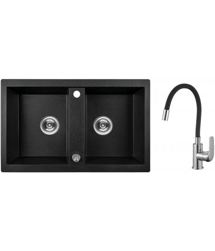 SET Küchenarmatur & Granitspüle 2-Becken BARBADOS Schwarz 48x78 | inkl. Siphon!