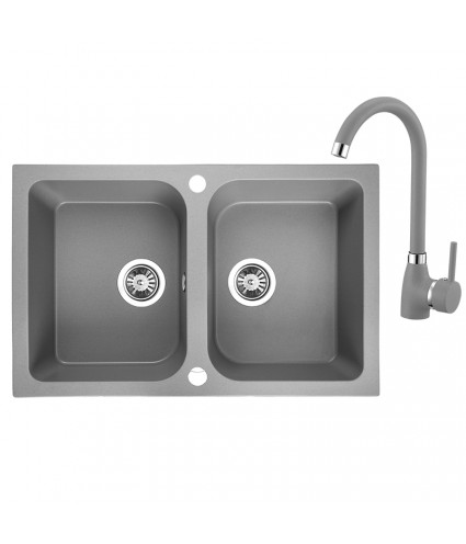 SET Küchenarmatur & Granitspüle 2-Becken CELIA Grau 48x76 | inkl. Siphon!