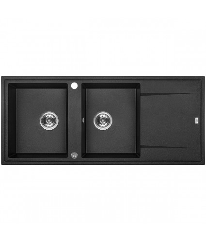 Granitspüle 2-Becken MEGALO Schwarz 50x116 mit Abtropffläche | inkl. Siphon!