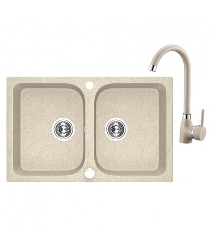 SET Küchenarmatur & Granitspüle 2-Becken CELIA Beige 48x76 | inkl. Siphon!