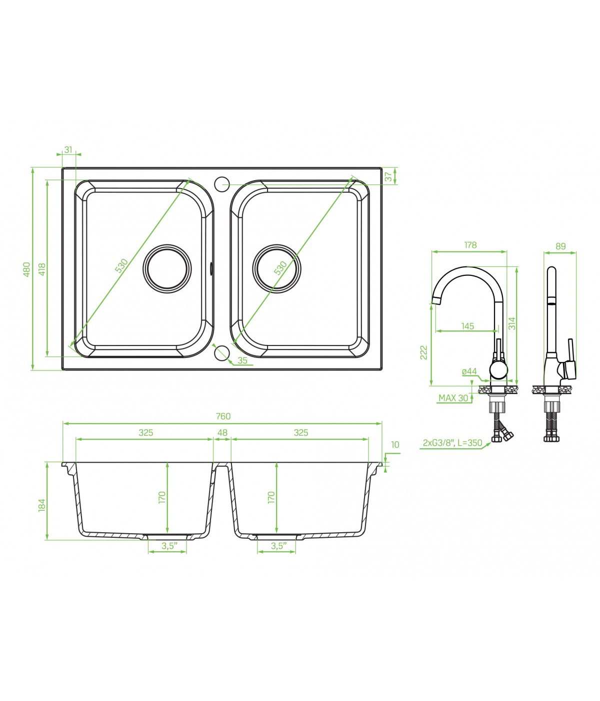 SET Küchenarmatur & Granitspüle 2-Becken CELIA Schwarz 48x76 | inkl. Siphon!