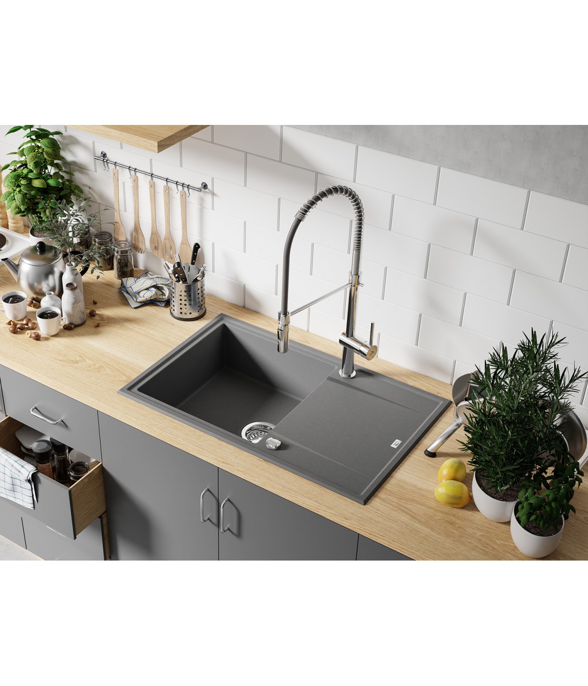 Granitspüle 1-Becken MEGALO Grau 50x78 mit Abtropffläche | inkl. Siphon!