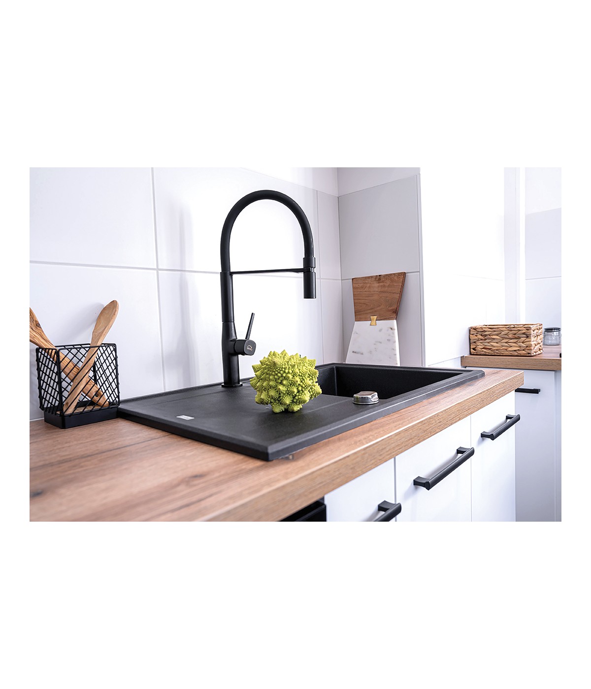 Granitspüle 1-Becken MEGALO Schwarz 50x78 mit Abtropffläche | inkl. Siphon!