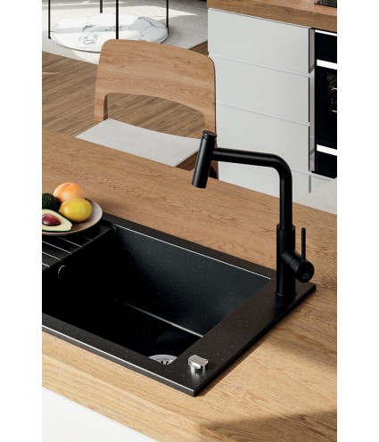 Granitspüle 1-Becken PIONIERO Schwarz 50x78 mit kurzer Abtropffläche | inkl. Siphon!