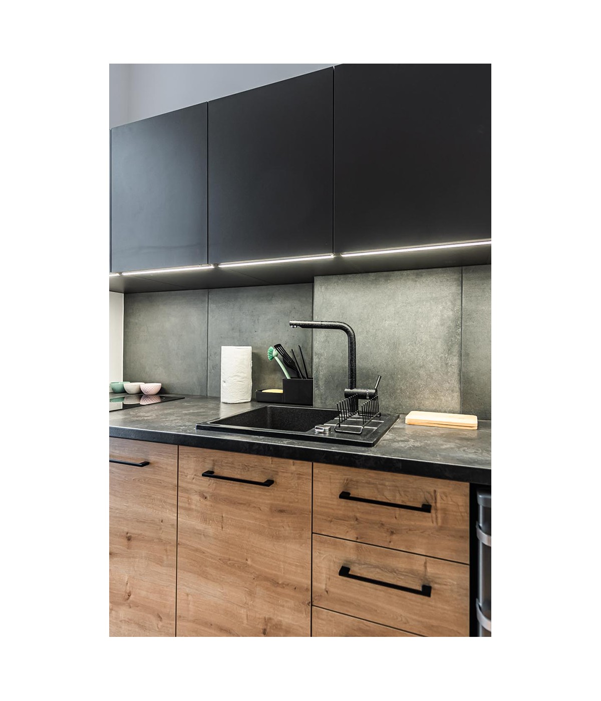 Granitspüle 1-Becken STELLAZ Schwarz 44x58 mit kurzer Abtropffläche | inkl. Siphon!