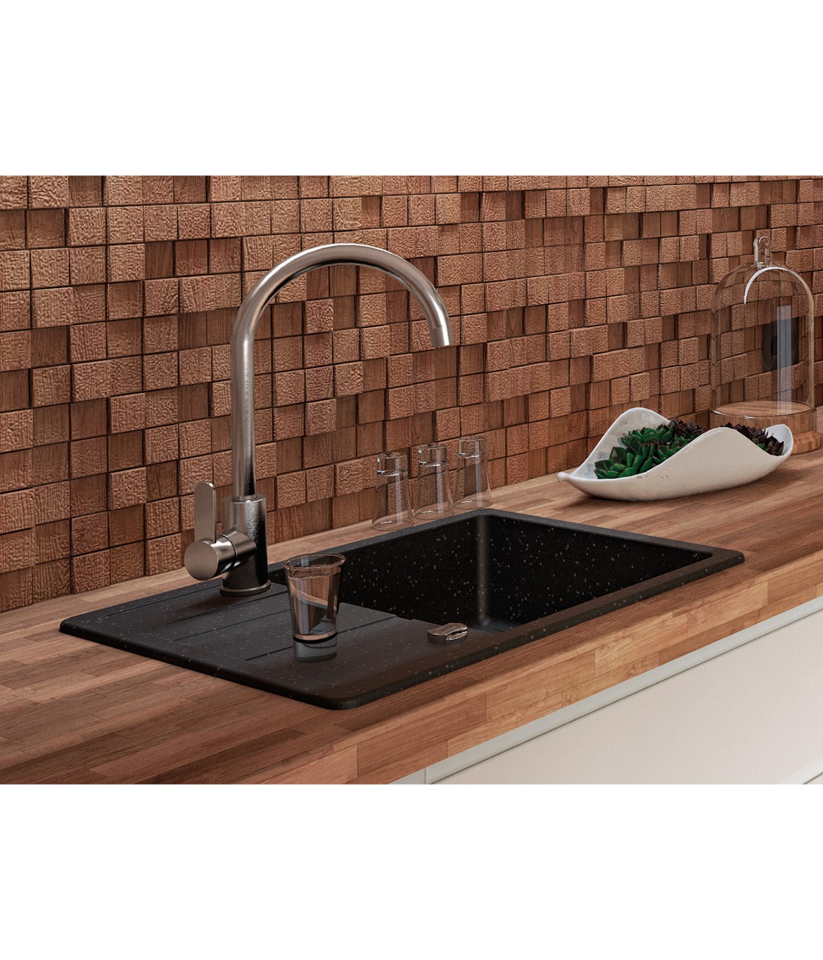 Granitspüle 1-Becken STELLAZ Schwarz 44x58 mit kurzer Abtropffläche | inkl. Siphon!