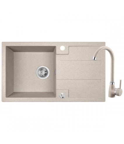 SET Küchenarmatur & Granitspüle 1-Becken BARBADOS Beige 44x76 mit Abtropffläche | inkl. Siphon!