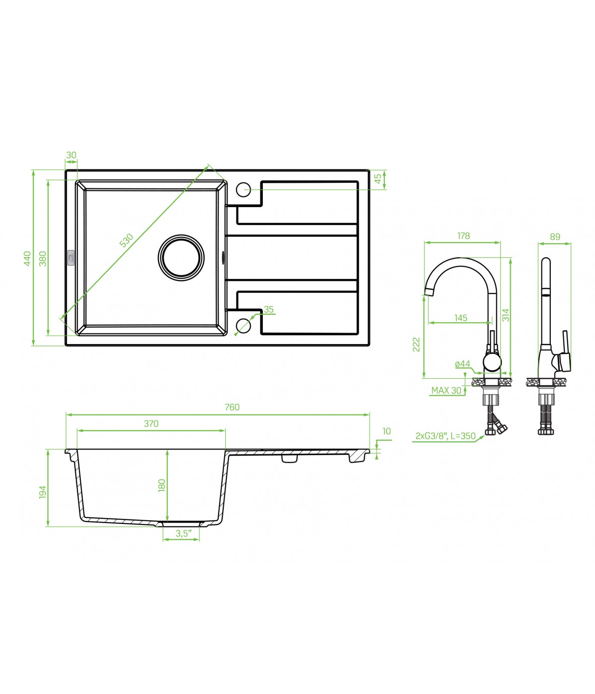 SET Küchenarmatur & Granitspüle 1-Becken BARBADOS Grau 44x76 mit Abtropffläche | inkl. Siphon!