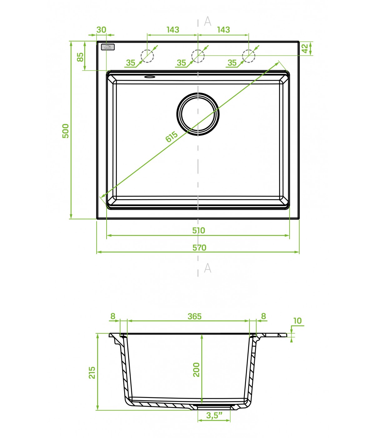 Granitspüle 1-Becken TAU Beige 50x57 | inkl. Siphon!