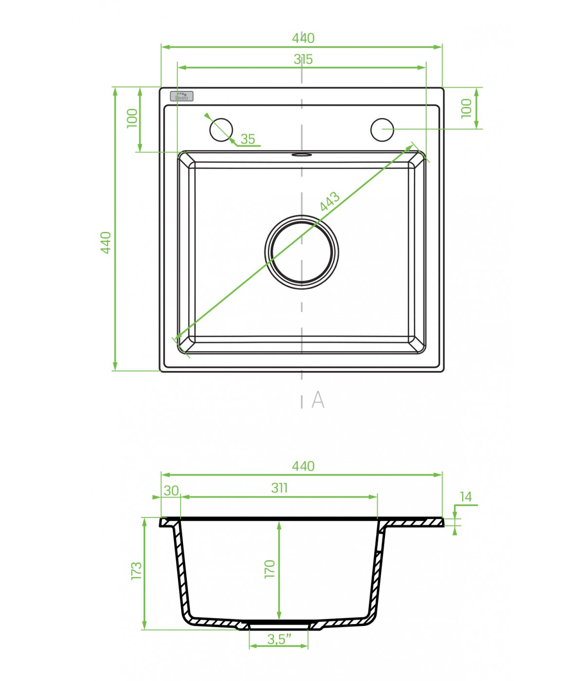 Granitspüle 1-Becken T.III Schwarz 44x44 | inkl. Siphon!
