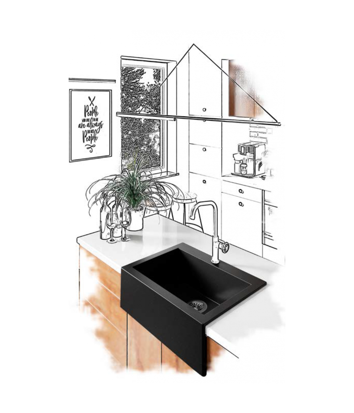 Granitspüle mit Schürze 1-Becken KOMODO Schwarz 49x63 | inkl. Siphon!