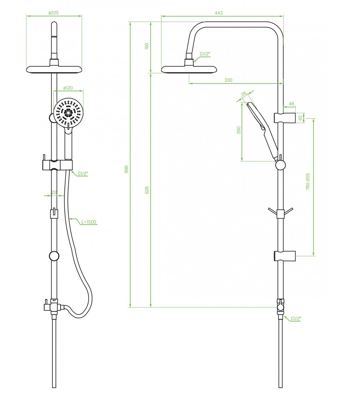 Regendusche CERS Silber Handbrause, Duschsystem