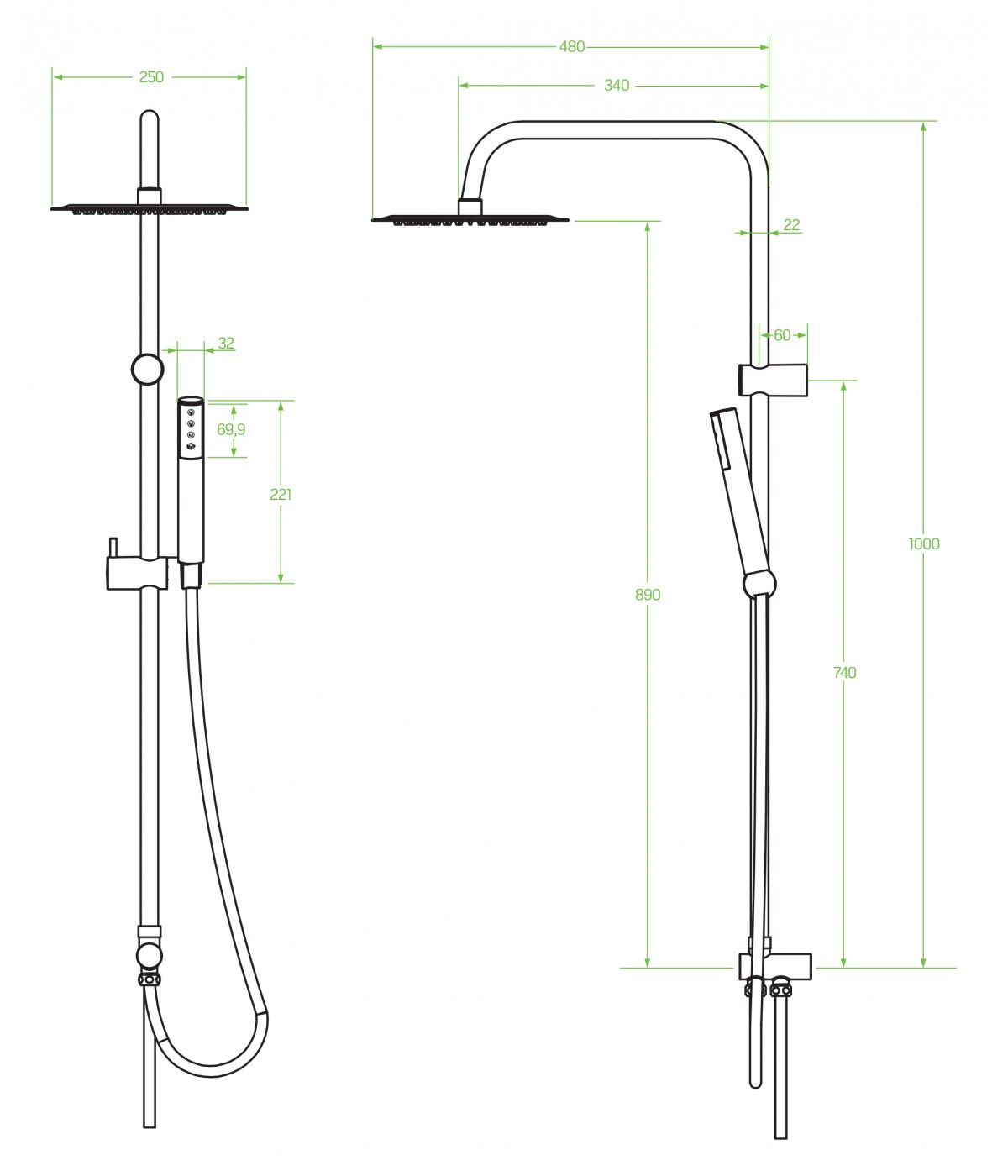 Regendusche PRETTO Grau Handbrause, Duschsystem