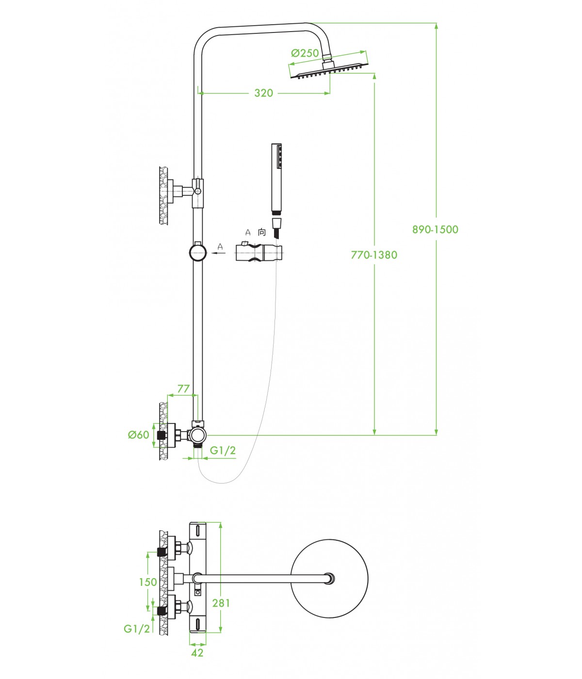 Brausegarnitur Thermostatisch PRETTO Silber Duschsäule