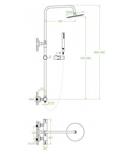 Brausegarnitur Thermostatisch PRETTO Grau Duschsäule