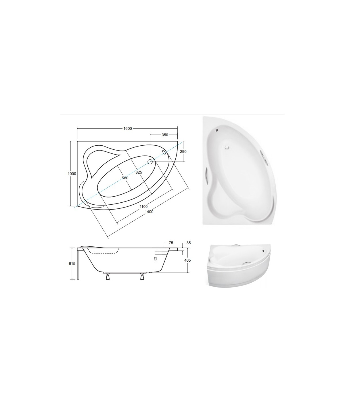 ECKBADEWANNE 160x100 LINKS ADA Ablaufgarnitur + Füße GRATIS