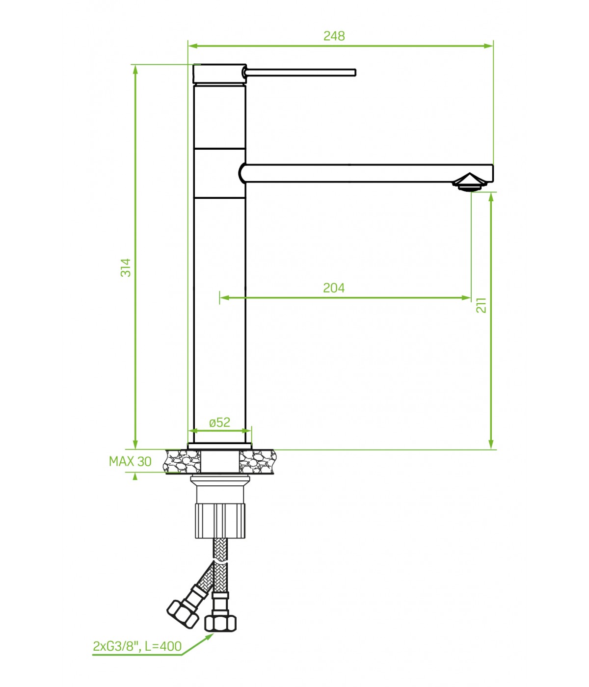 Waschtischarmatur Hoch PINAR Silber Badarmatur Waschtischbatterie + Click-Clack