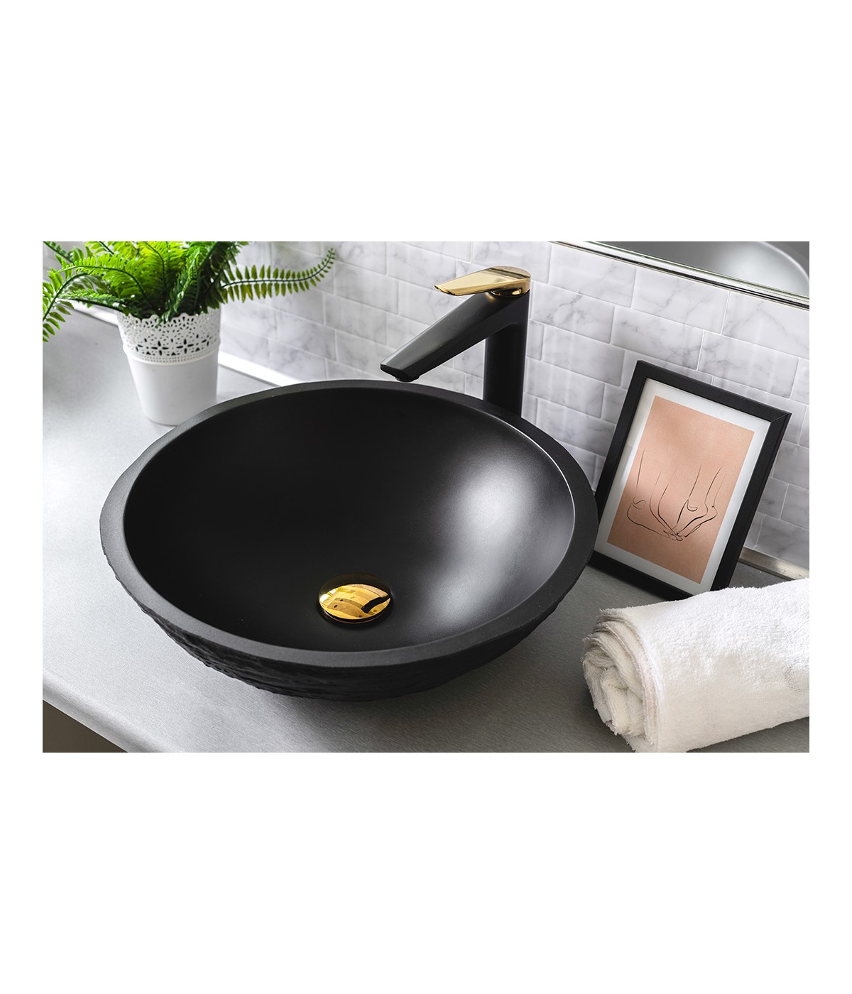 Waschtischarmatur Hoch RUBIO Schwarz-Gold Badarmatur Waschtischbatterie + Click-Clack