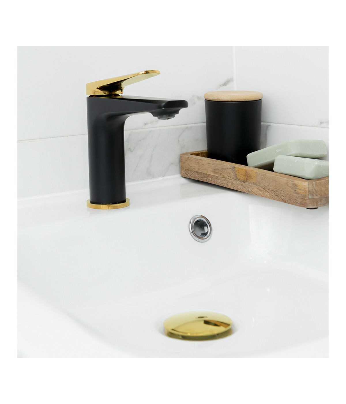 Waschtischarmatur Kleine RUBIO Schwarz-Gold Badarmatur Waschtischbatterie + Click-Clack