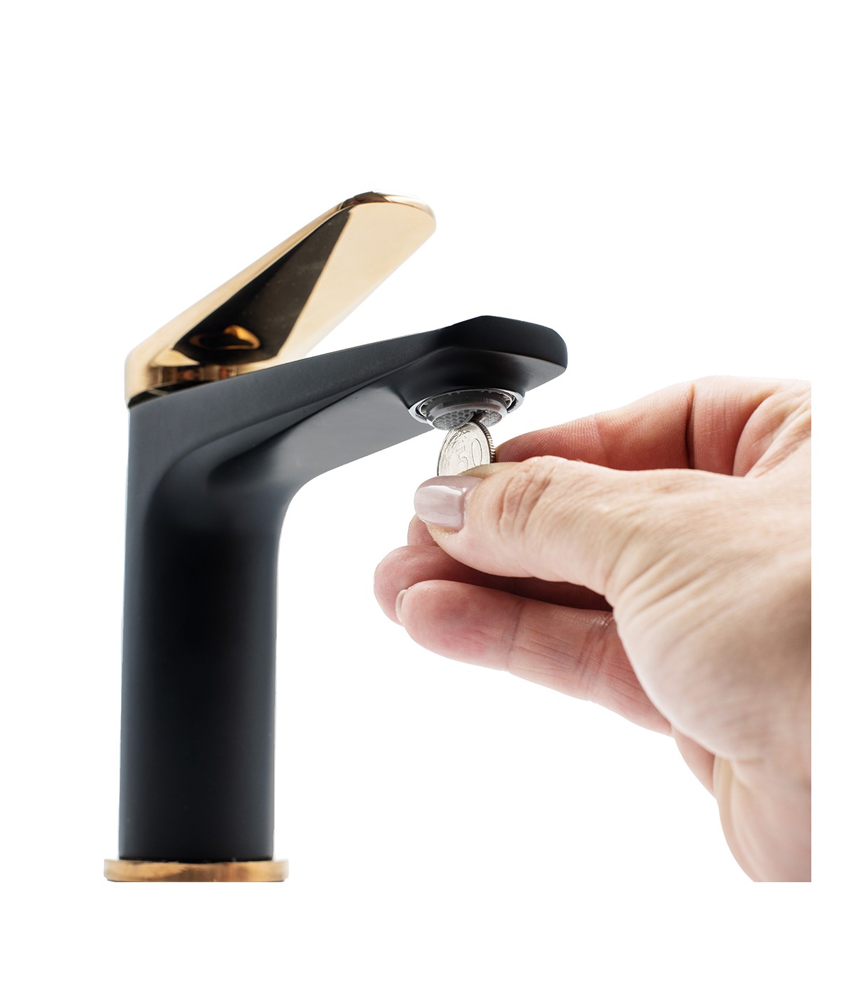 Waschtischarmatur Kleine RUBIO Schwarz-Gold Badarmatur Waschtischbatterie + Click-Clack