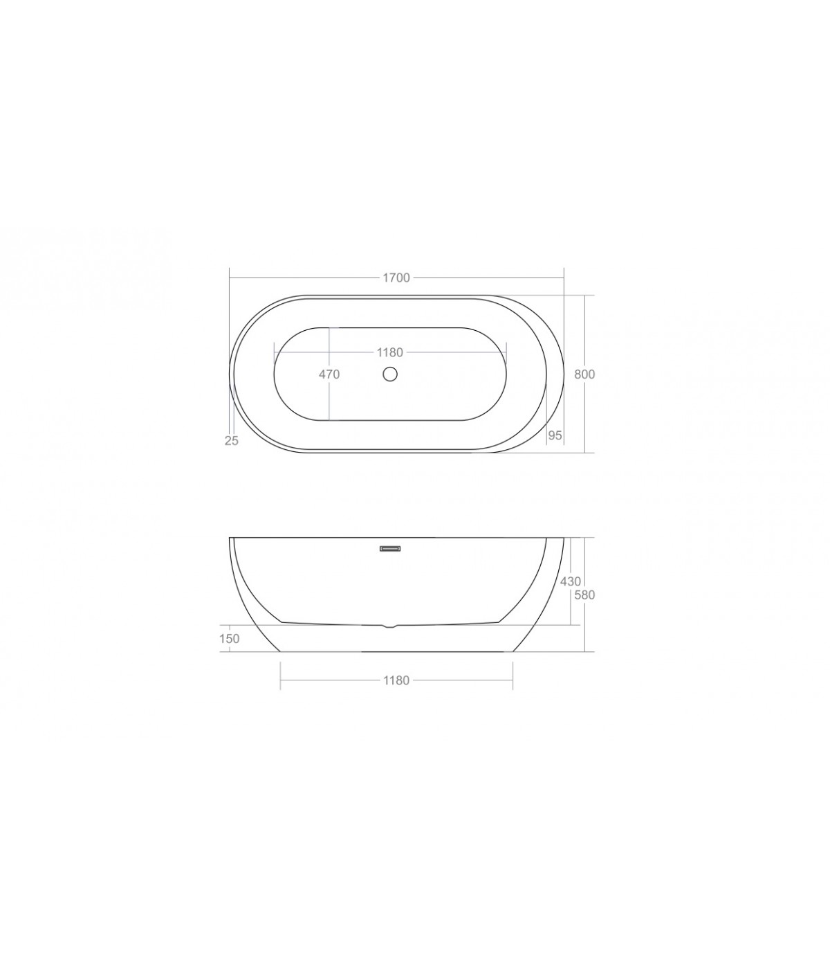 Freistehende Badewanne Oval 170x80 RENOZ MONOLITH ACRYL Ablaufgarnitur CLICK CLACK GRATIS !