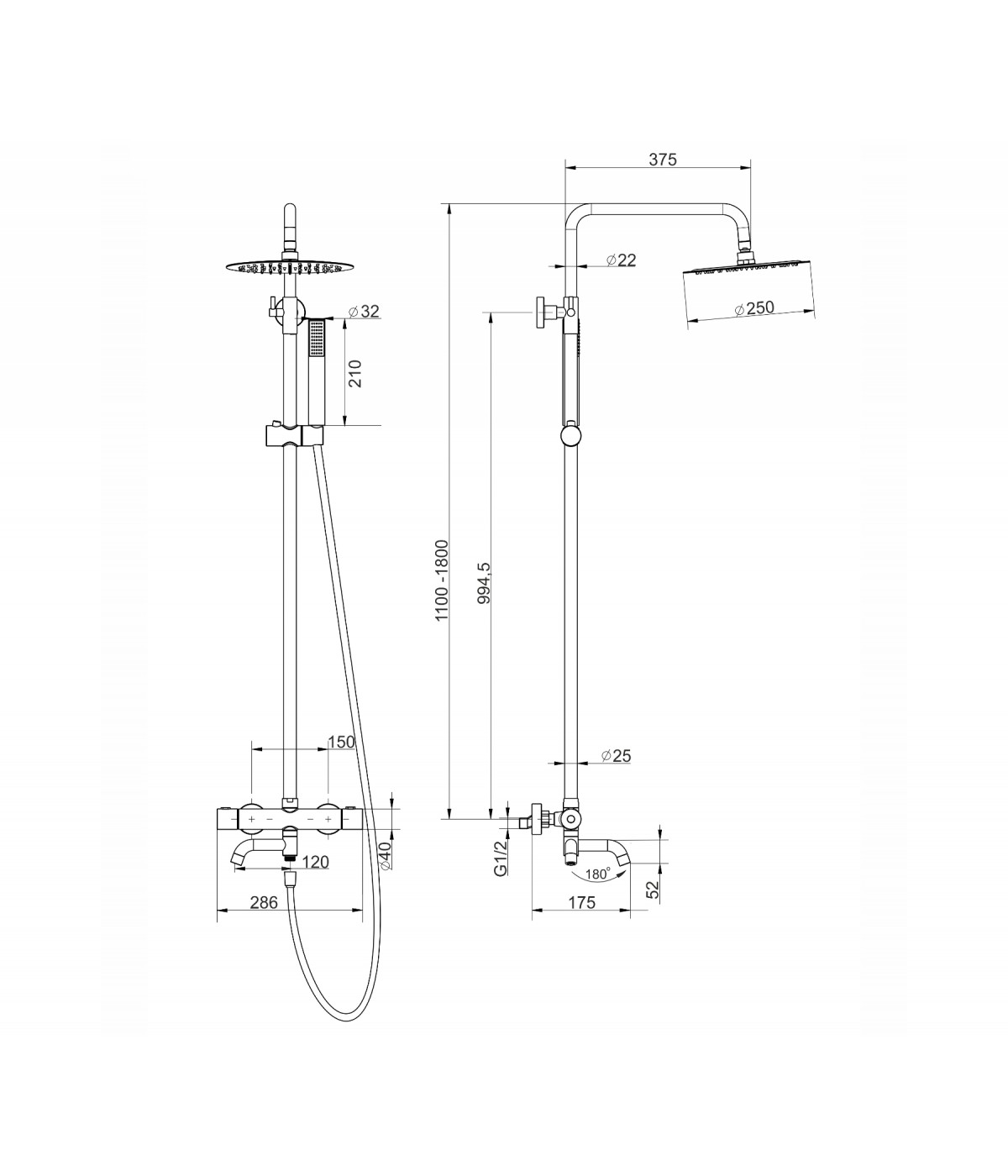 Brausegarnitur LUGO Schwarz Thermostatisch mit Auslauf, Duschsäule