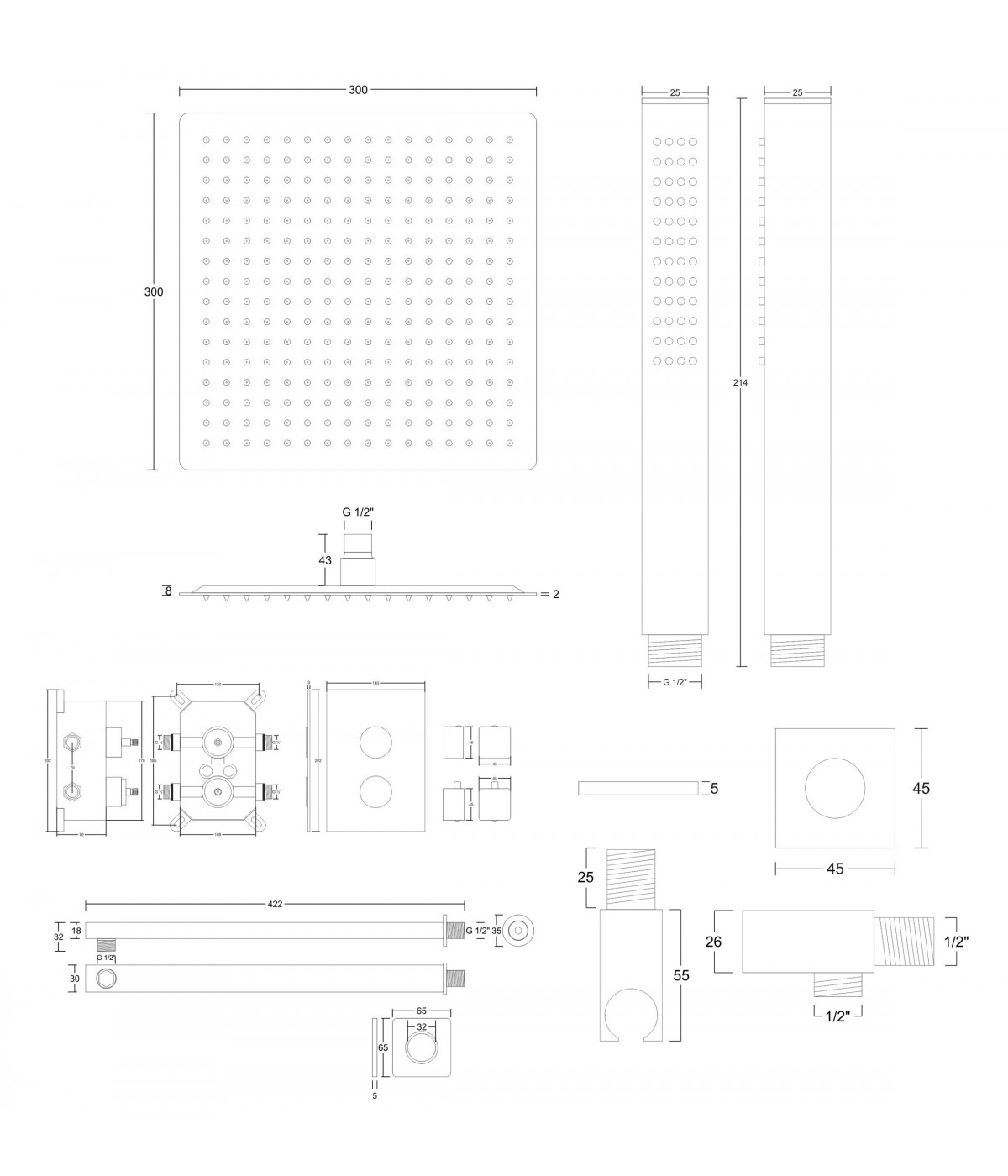 Duschsystem Unterputz Armatur Set ANGOS Schwarz Thermostatisch