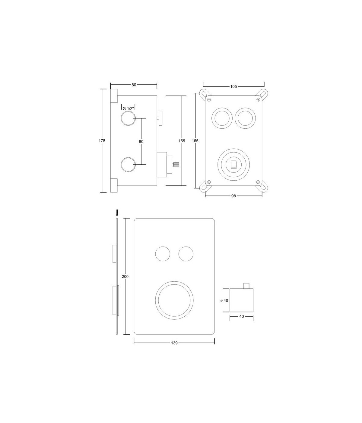Brausebatterie Unterputz BOX Chrom Thermostatisch Verdeckter Einbau Duschbatterie