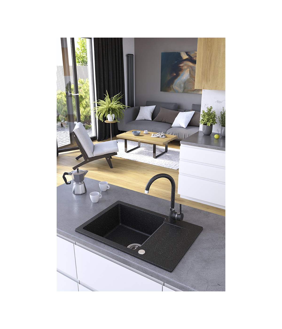 Granitspüle 1-Becken CELEBES Schwarz 44x65 mit kurzer Abtropffläche | inkl. Siphon!