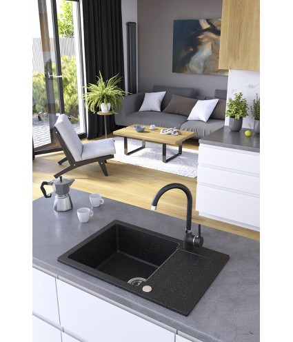 Granitspüle 1-Becken CELEBES Schwarz 44x65 mit kurzer Abtropffläche | inkl. Siphon!