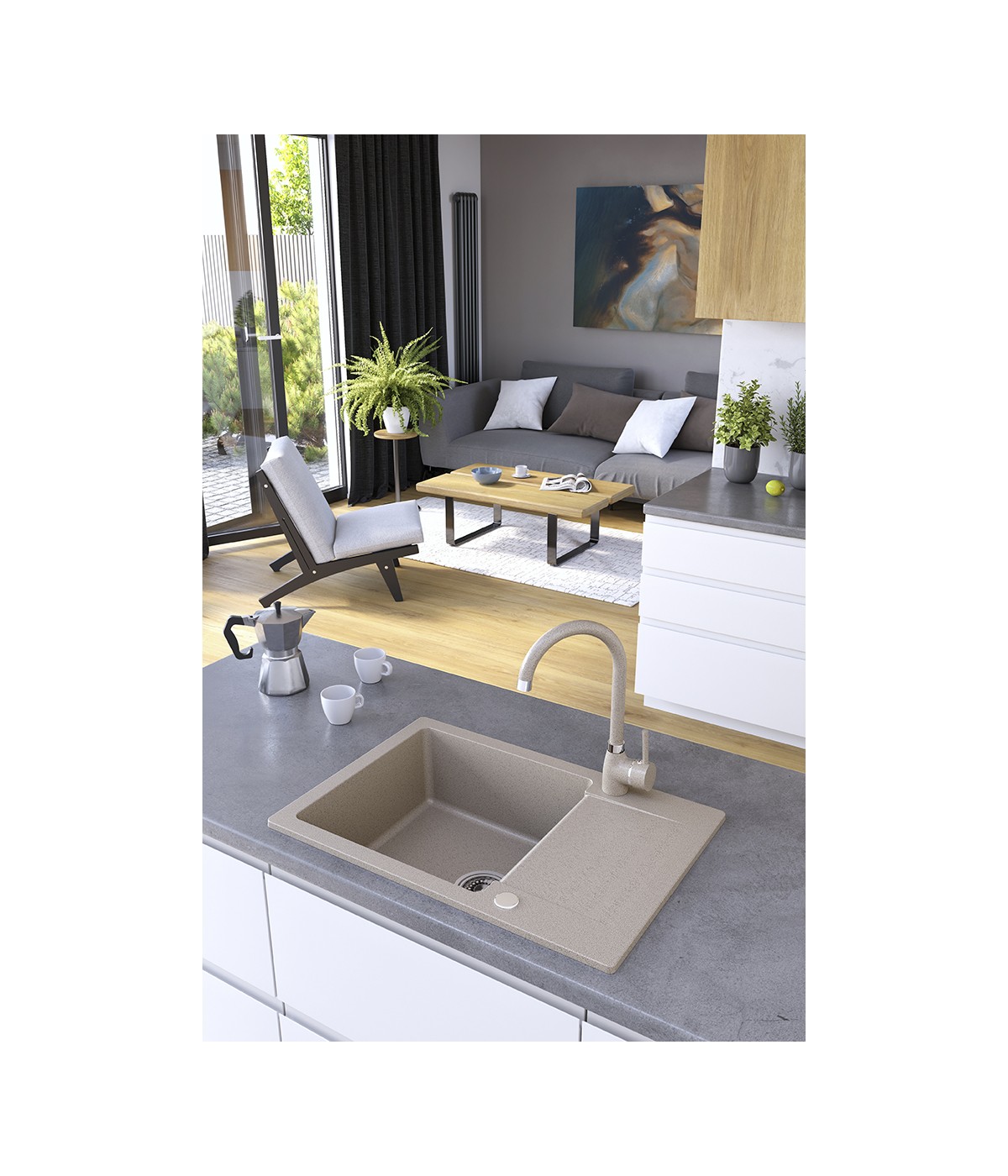 Granitspüle 1-Becken CELEBES Beige 44x65 mit kurzer Abtropffläche | inkl. Siphon!