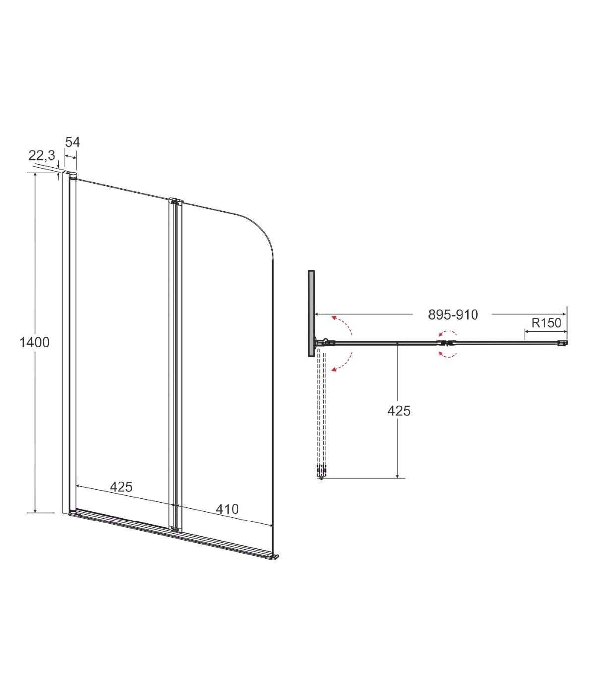 Badewannenabtrennung 2-teilig 90x140 PRIME BLACK 2 Glas 5 mm