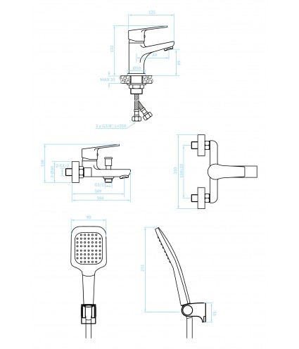 Badewannenarmatur Waschtischarmatur BORGO Chrom Badarmatur mit Handbrause Komplette Set
