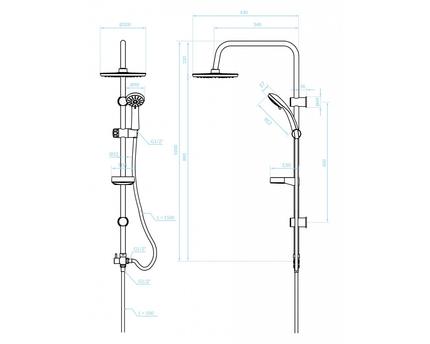 Regendusche CENTO Schwarz Handbrause, Duschsystem