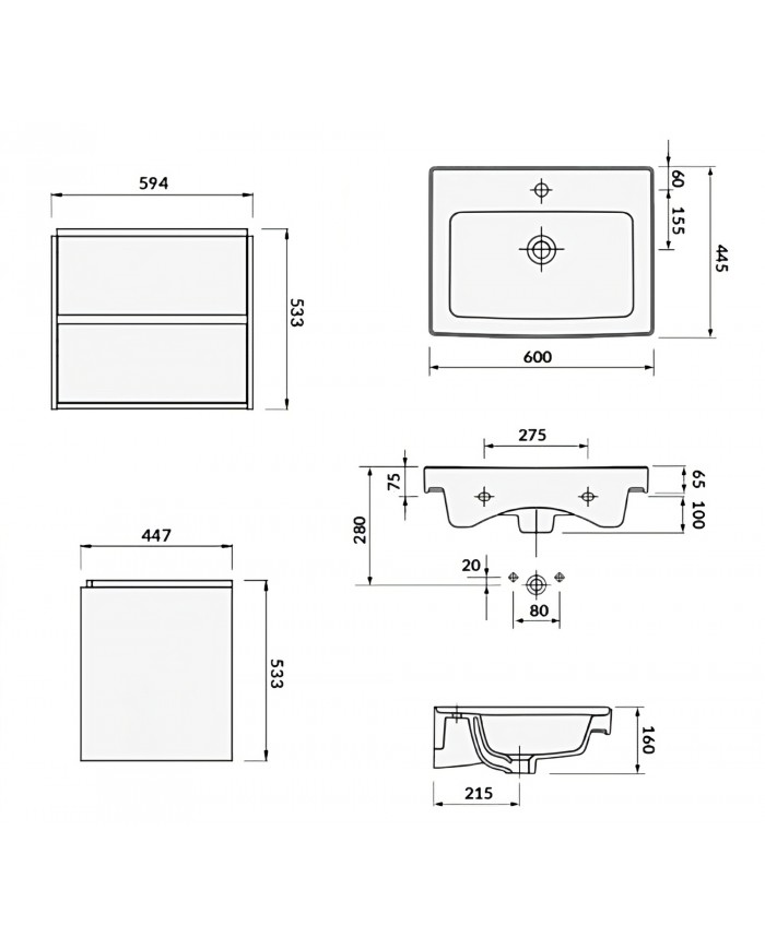 Badmöbel Set CREA 60 Waschbecken-Unterschrank mit Hochschrank 140x40x25, 2-Türen, Grau Matt
