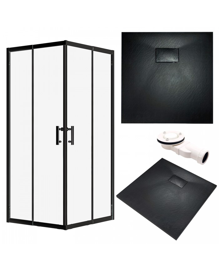 SET: DUSCHKABINE HELA + DUSCHWANNE VIDAR 80x80 193 cm - Quadratisch Schwarz Transparent Nano Glas 6 mm Steinoptik SMC
