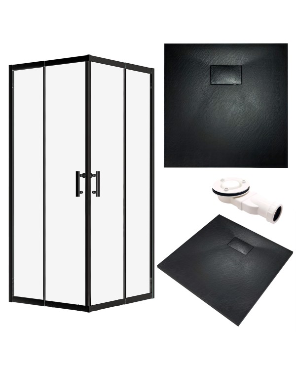 SET: DUSCHKABINE HELA + DUSCHWANNE VIDAR 80x80 193 cm - Quadratisch Schwarz Transparent Nano Glas 6 mm Steinoptik SMC