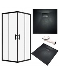 SET: DUSCHKABINE HELA + DUSCHWANNE VIDAR 80x80 193 cm - Quadratisch Schwarz Transparent Nano Glas 6 mm Steinoptik SMC
