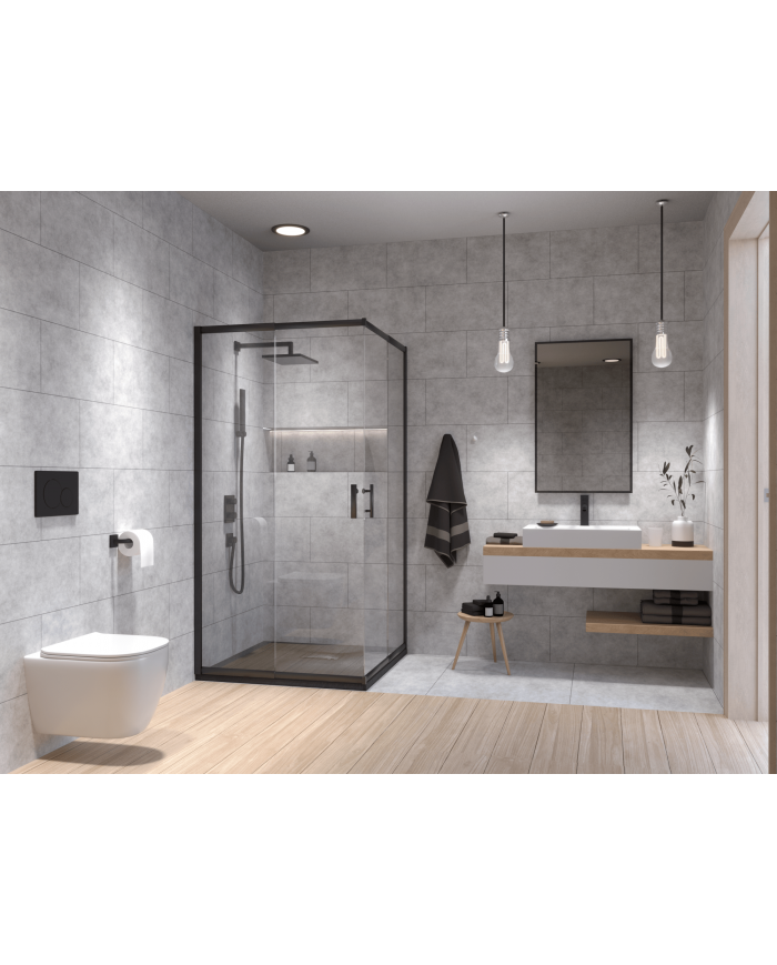 SET: DUSCHKABINE HELA + DUSCHWANNE VIDAR 80x80 193 cm - Quadratisch Schwarz Transparent Nano Glas 6 mm Steinoptik SMC