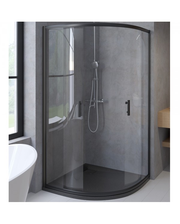SET: DUSCHKABINE HELA + DUSCHWANNE VIDAR 80x80 193 cm - Viertelkreis Schwarz Nano Glas 6 mm Steinoptik SMC
