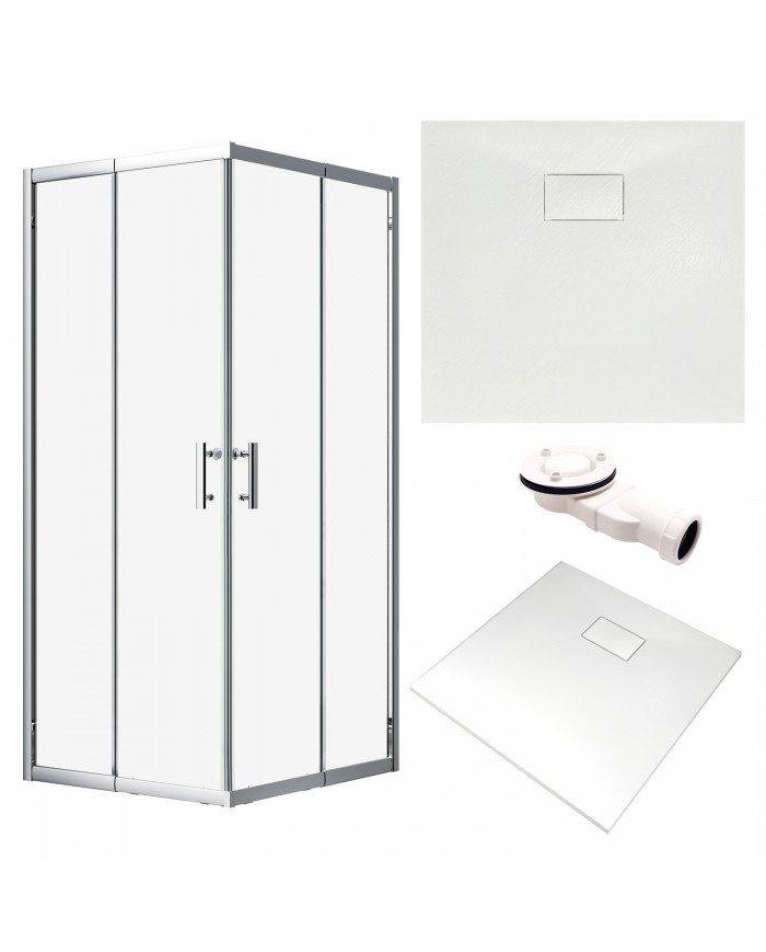 SET: DUSCHKABINE HELA + DUSCHWANNE VIDAR 90x90 193 cm - Quadratisch Weiß Nano Glas 6 mm Steinoptik SMC