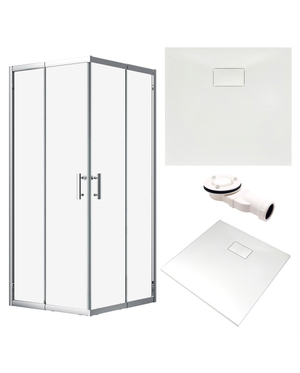 SET: DUSCHKABINE HELA + DUSCHWANNE VIDAR 90x90 193 cm - Quadratisch Weiß Nano Glas 6 mm Steinoptik SMC