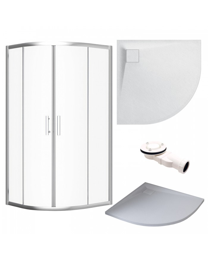 SET: DUSCHKABINE HELA + DUSCHWANNE VIDAR 90x90 193 cm - Viertelkreis Weiß Nano Glas 6 mm Steinoptik SMC