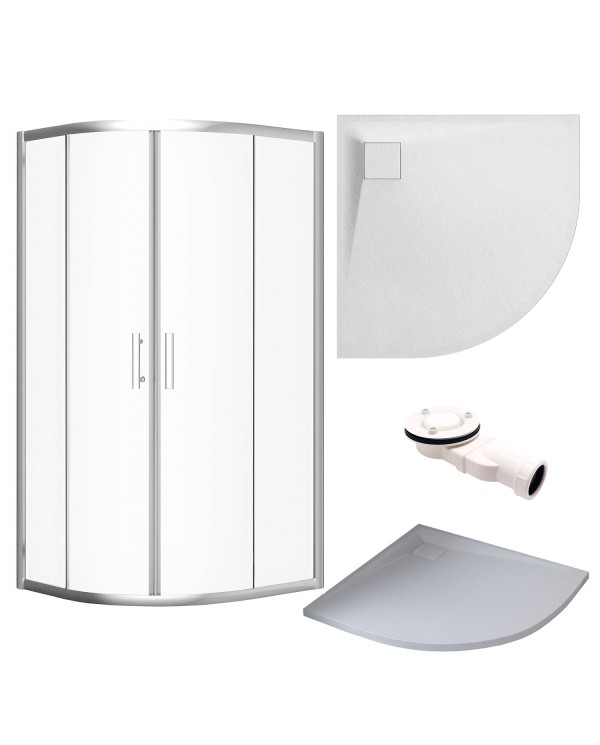 SET: DUSCHKABINE HELA + DUSCHWANNE VIDAR 90x90 193 cm - Viertelkreis Weiß Nano Glas 6 mm Steinoptik SMC