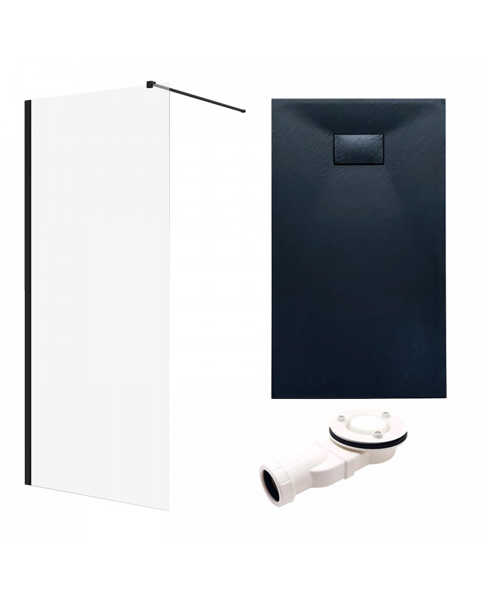 SET: WALK-IN KETIL + DUSCHWANNE VIDAR 90x120 198 cm - Rechteck Steinoptik SMC Schwarz Transparent Nano Glas | Glaswand