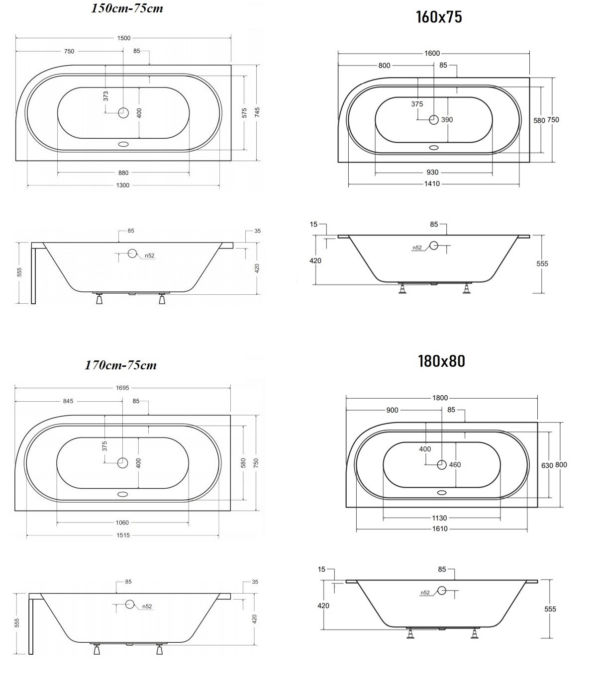 ECKBADEWANNE SLIM 150x75 RECHTS AVITA Ablaufgarnitur + Füße GRATIS !